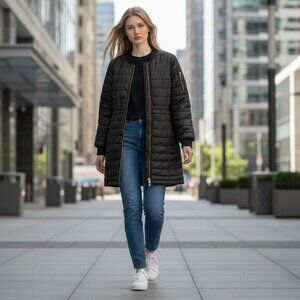 Quilted Puffer Coat XS Black Longline Drawstring Waist Zip Pockets Kenneth Cole